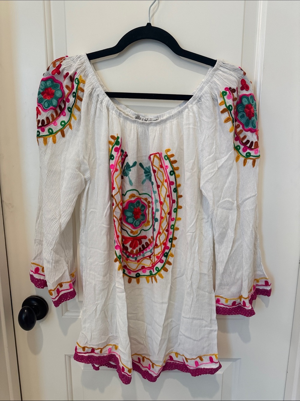 White Embroidered Peasant Tunic with Pink & Teal Accents Boho concert lighweight